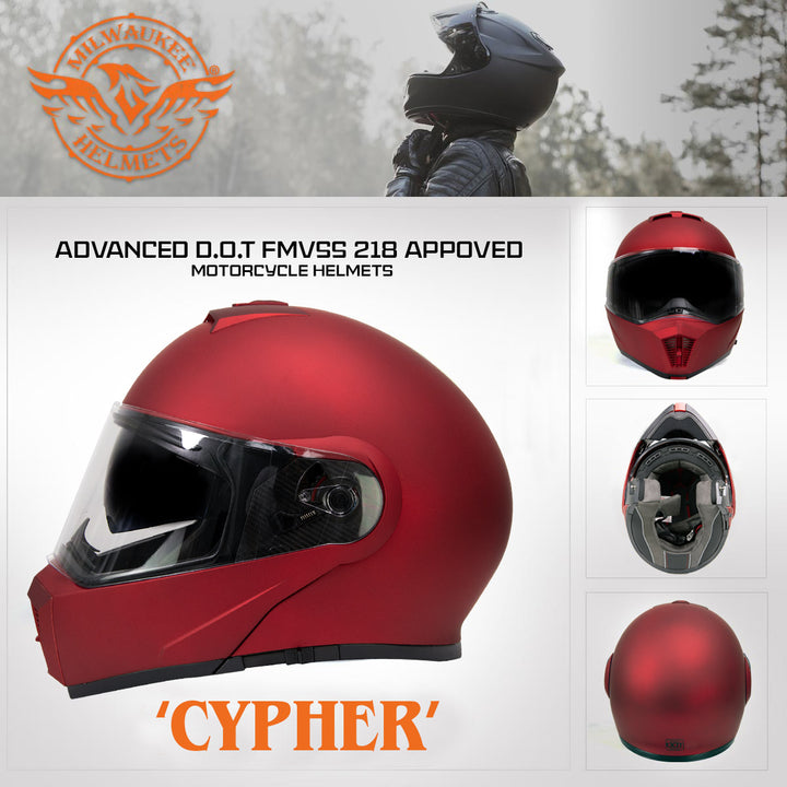 Milwaukee Helmets MPH9827DOT Cypher Flat Red Advanced Motorcycle Modular Helmet w/ Drop Down Visor