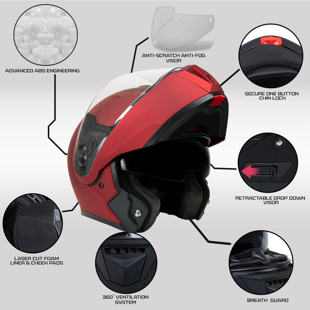 Milwaukee Helmets MPH9827DOT 'Cypher' Flat Red Advanced Motorcycle Modular Helmet w/Drop Down Visor Milwaukee Helmets MPH9827DOT 'Cypher' Flat Red Advanced Motorcycle Modular Helmet w/Drop Down Visor