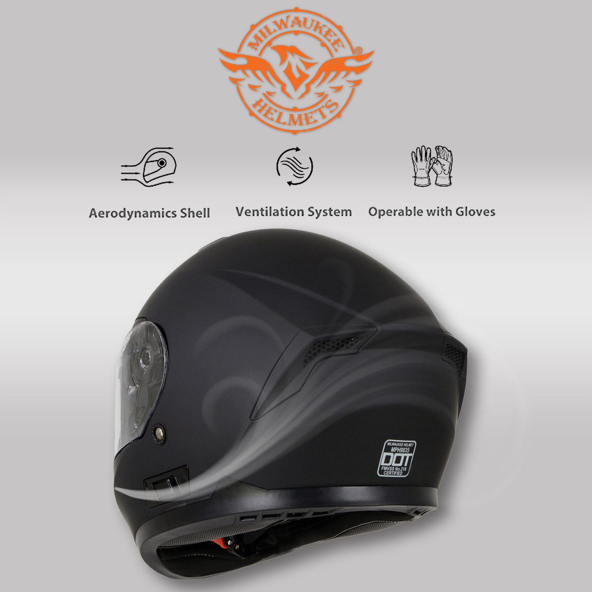 Milwaukee Helmets MPH9835DOT 'Sweeper' Flat Black Advanced Motorcycle Full Face Helmet for Men and Women Biker w/ Drop Down Visor