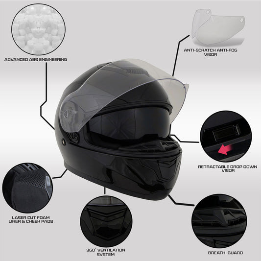 Milwaukee Helmets MPH9835DOT Sweeper Flat Black Advanced Motorcycle Full Face Helmet Biker w/ Drop Down Visor