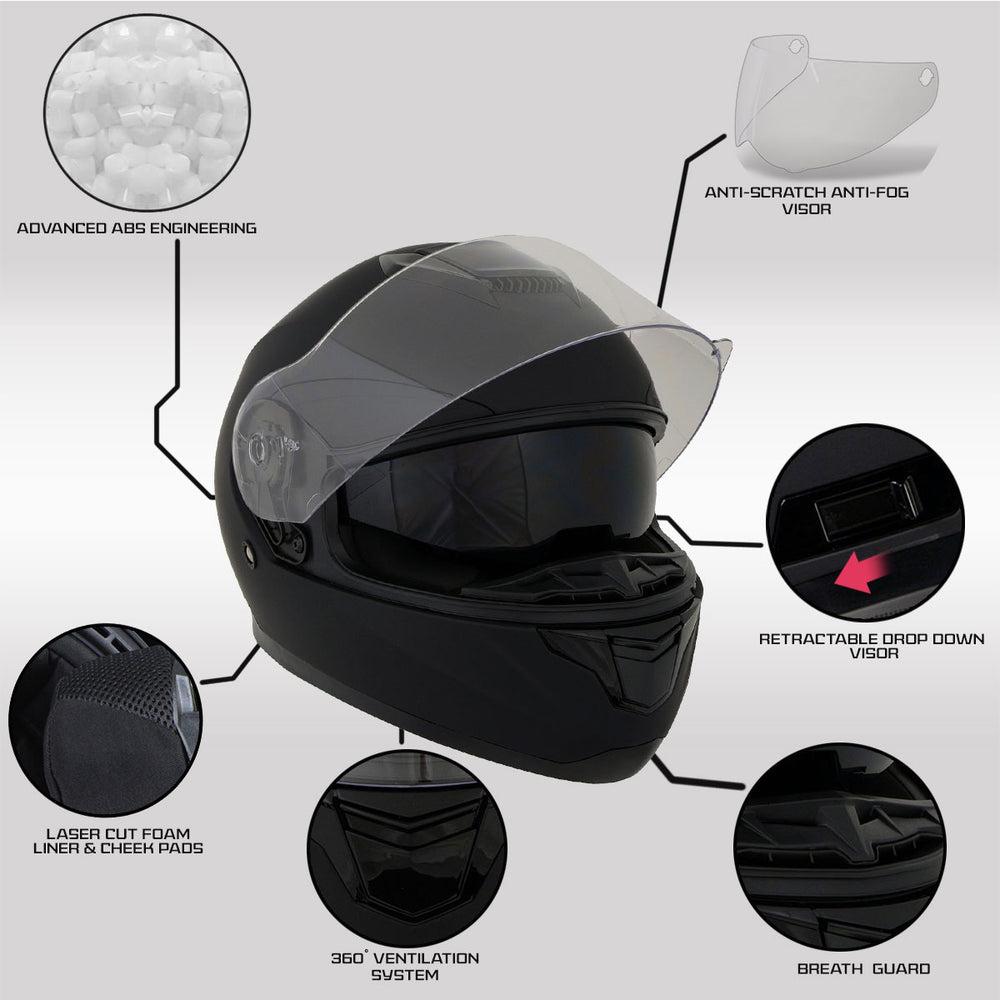Milwaukee Helmets MPH9836DOT Sweeper Gloss Black DOT Approved Motorcycle Full Face Helmet Biker w/ Drop Down Visor