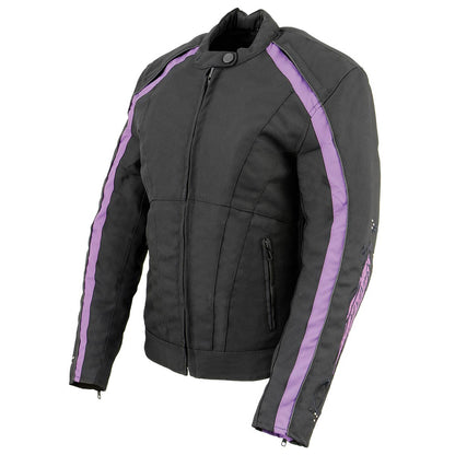 Milwaukee Leather SH1954 Women's Black and Purple Textile Jacket with Stud and Wings Detailing