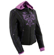 Milwaukee Leather MPL1967 Women's 3/4 Hooded Black and Purple Textile Jacket with Reflective Tribal Detail