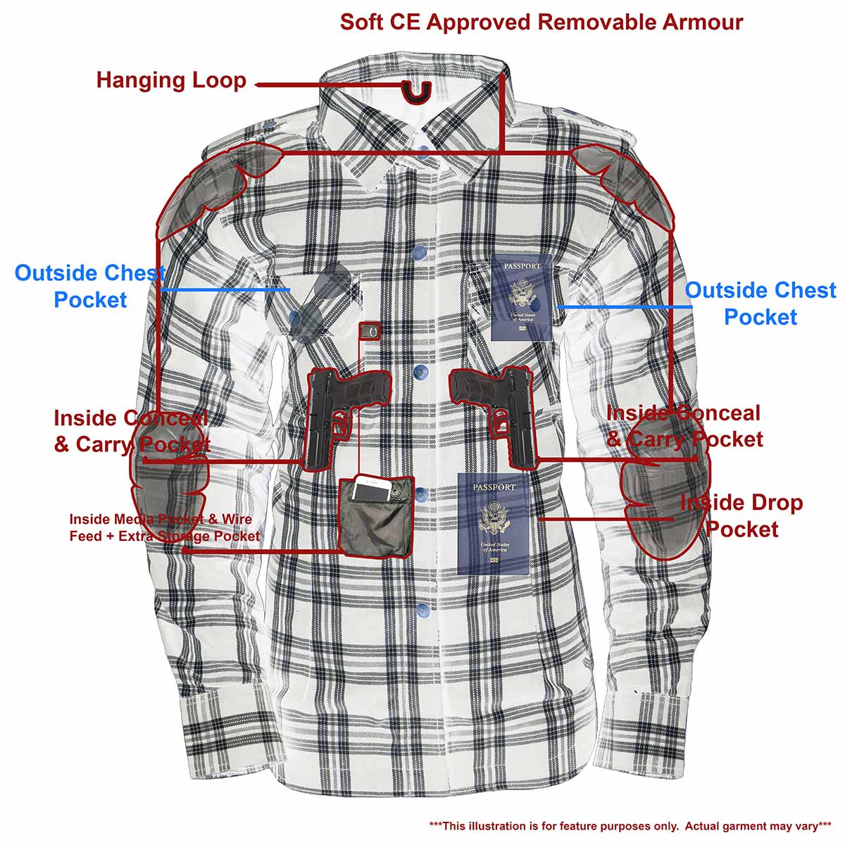 Milwaukee Leather MPL2600 Women’s Plaid Flannel Biker Shirt w/ CE Approved Armor - Reinforced w/ Aramid Fiber