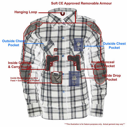 Milwaukee Leather MPL2600 Women’s Plaid Flannel Biker Shirt w/ CE Approved Armor - Reinforced w/ Aramid Fiber