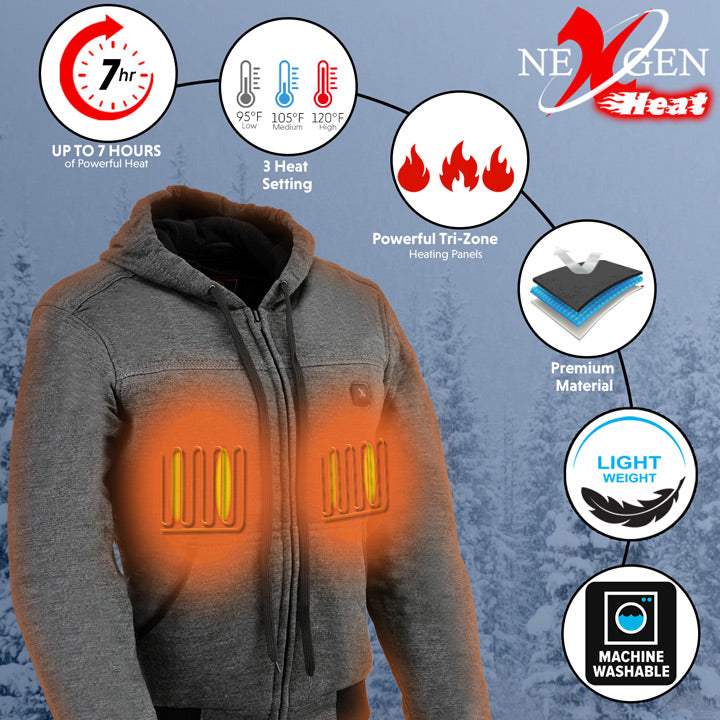 NexGen Heat Women’s Grey Heated Hoodie Jacket, – Front Zipper Insulated Thermal Wear - NXL2713