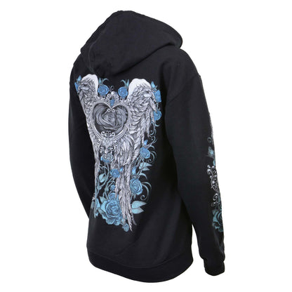 Milwaukee Leather MPLH228001 Women's 'Angel Roses' Zip Up Hooded Black Sweat Shirt - Medium