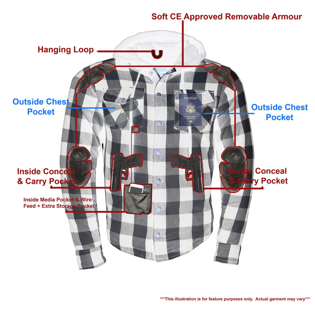 Milwaukee Leather MPM1629 Men's Plaid Hooded Flannel Biker Shirt with CE Approved Armor - Reinforced w/ Aramid Fibers