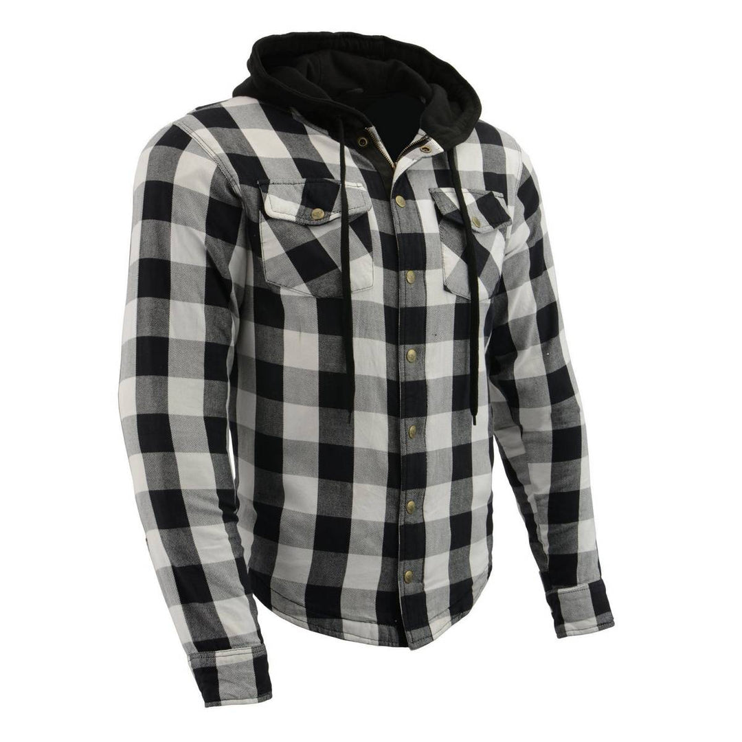 Milwaukee Leather Men’s Othello Black & White Plaid Hooded Riding Shirt w/ CE Armor & Aramid Fiber Panels - MPM1629