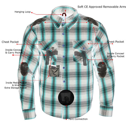 Milwaukee Leather MPM1626 Men's Plaid Flannel Biker Shirt with CE Approved Armor - Reinforced w/ Aramid Fiber