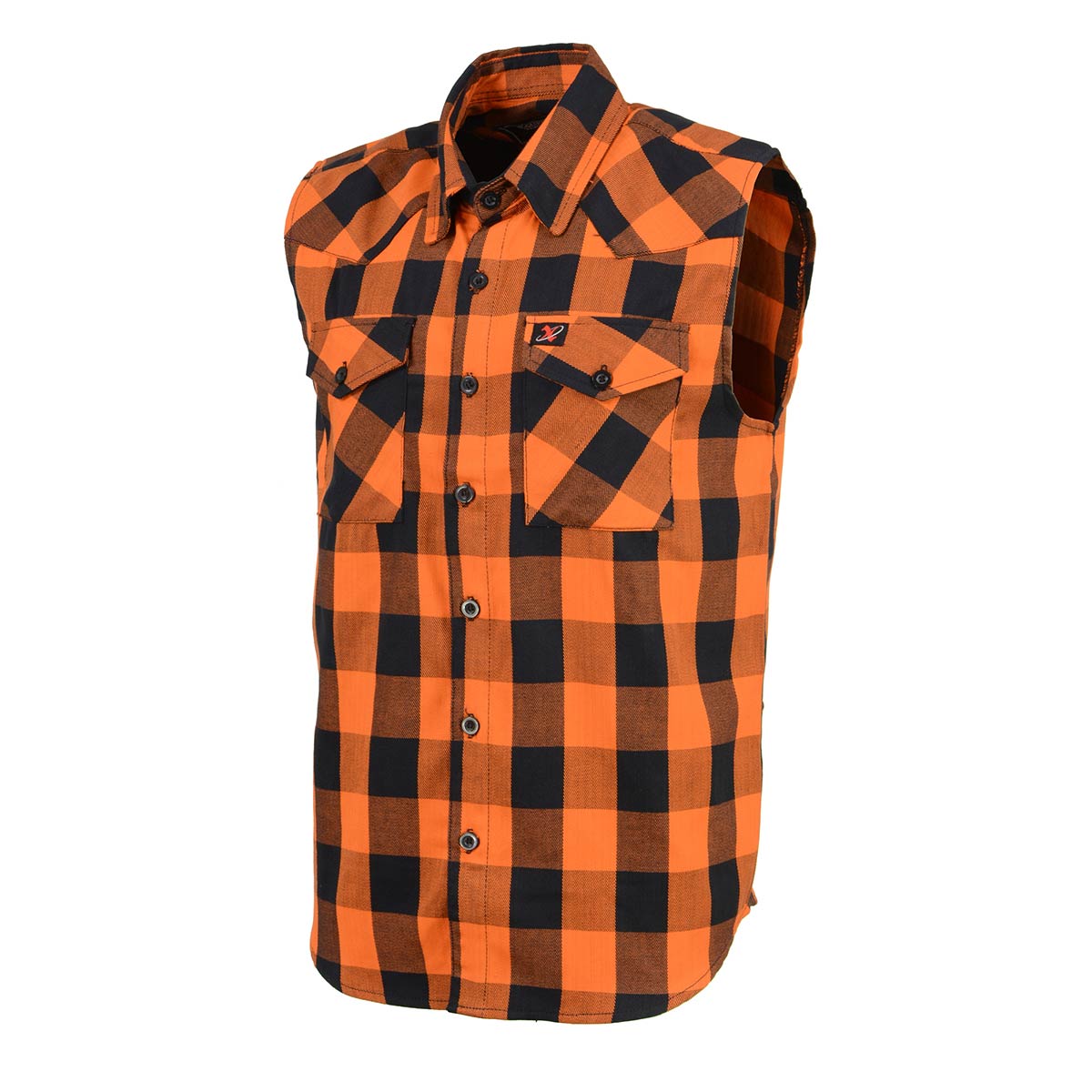 Milwaukee Leather MPM1655 Men’s Classic Black and Orange Button-Down Flannel Cut Off Sleeveless Casual Shirt