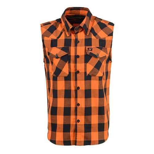 Milwaukee Leather MPM1655 Men’s Classic Black and Orange Button-Down Flannel Cut Off Sleeveless Casual Shirt