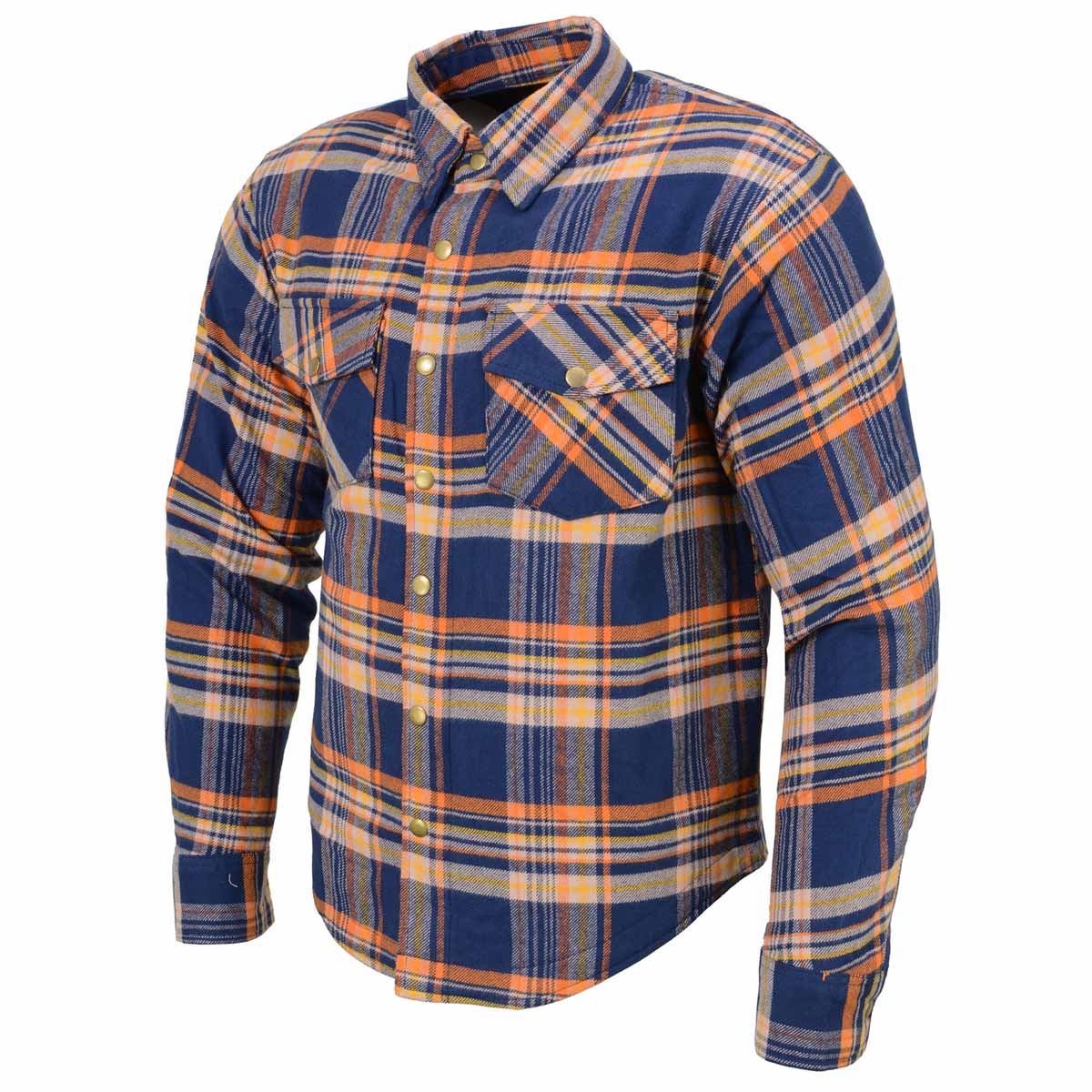 Milwaukee Leather MPM1656 Blue and Orange Flannel Biker Shirt for Men with CE Armor - Reinforced w/ Aramid Fiber