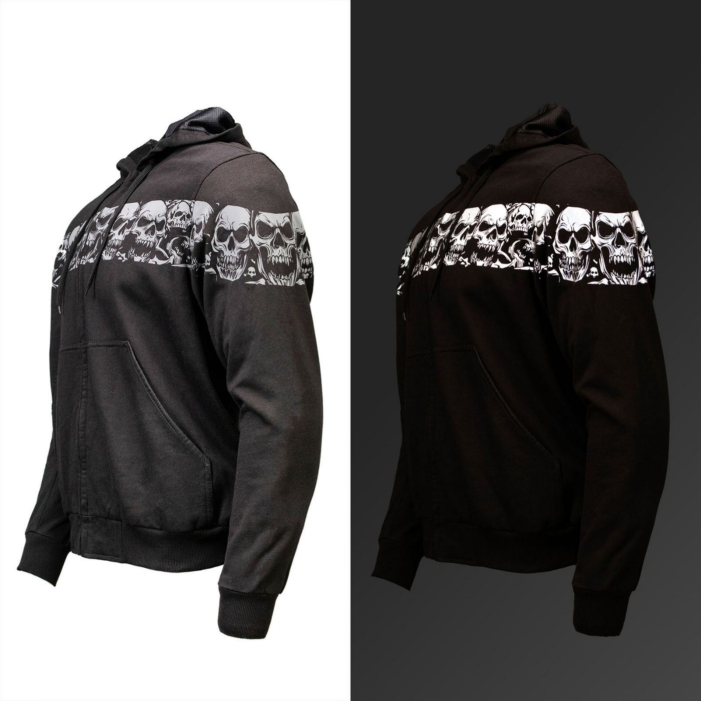 MMCC Men’s Bare Bones Hoodie – Reflective Skull Graphics Front & Back, Full Zip, 100 % Cotton, MPM1681