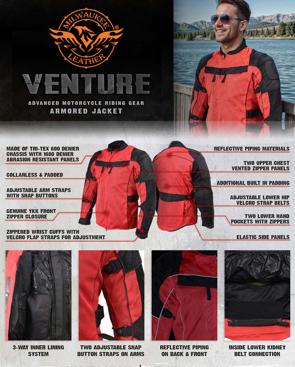 Milwaukee Leather Men's Venture Black/Red Textile Motorcycle Jacket w/ CE Armor - MPM17031