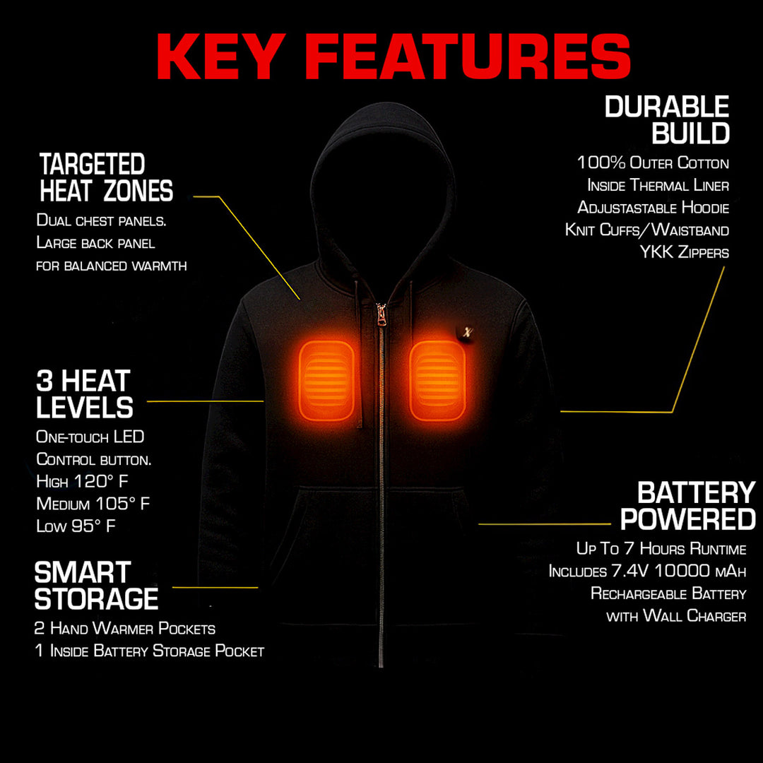 Nexgen Heat Men’s Heated Sweatshirt Hoodie – Black Cold-Weather Gear for Riding &amp; Outdoor NXM1713SET