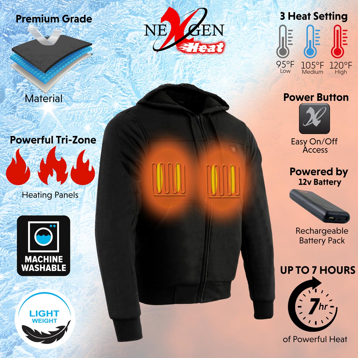 Nexgen Heat MPM1713SET12v Men's Black 'Heated' Front Zipper Hoodie Jacket for Outdoor Activities w/ Battery Pack