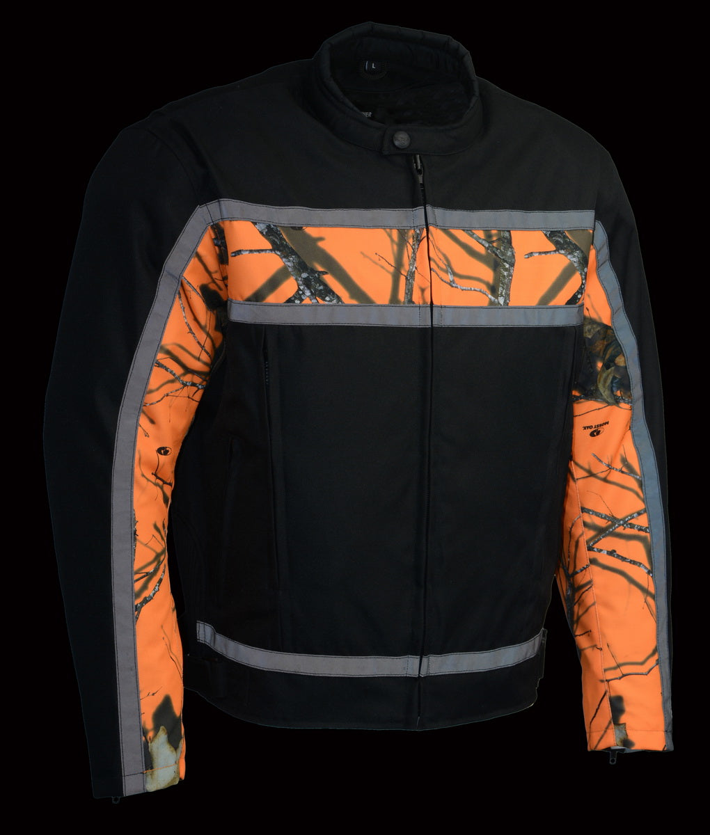 Milwaukee Leather MPM1786 Men's Black and Orange Textile Jacket with Mossy Oak Camo Chest Print