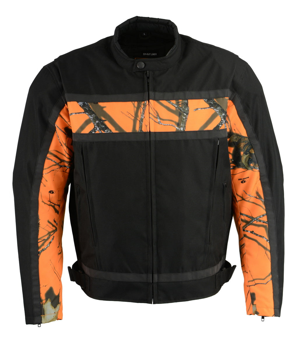 Milwaukee Leather MPM1786 Men's Black and Orange Textile Jacket with Mossy Oak Camo Chest Print