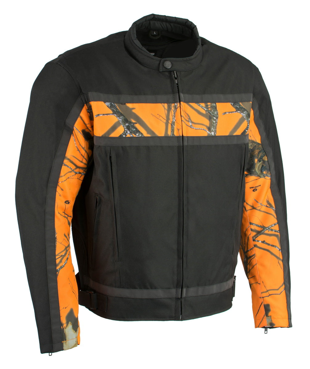 Milwaukee Leather MPM1786 Men's Black and Orange Textile Jacket with Mossy Oak Camo Chest Print