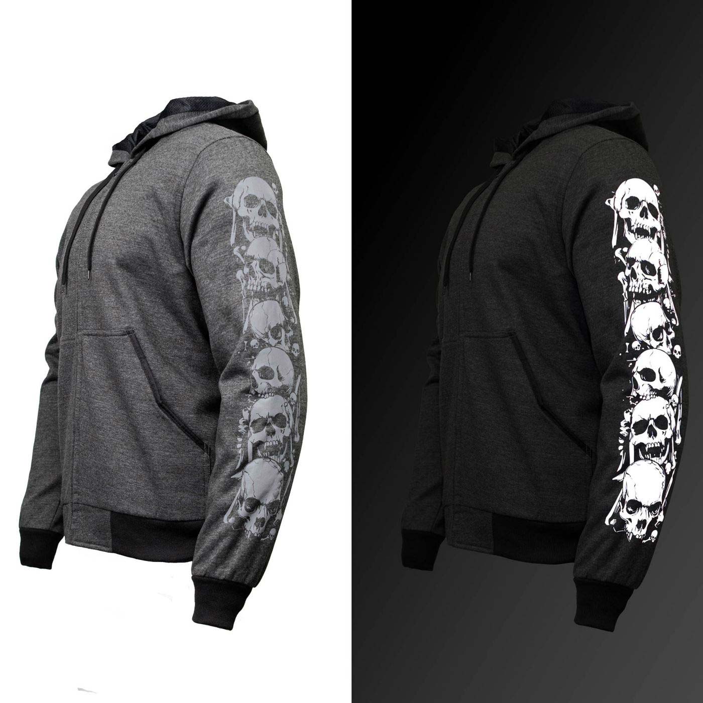 Milwaukee Leather Men's Bare Bones Charcoal Reflective Skull CE Armored Riding Hoodie, Shoulder and Elbow Armor - MPM1799