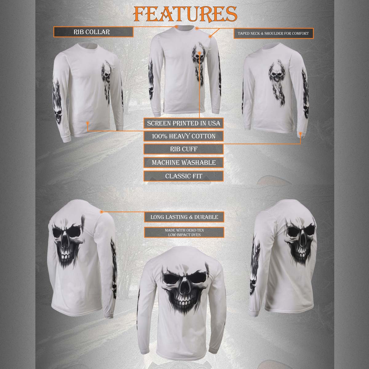 Milwaukee Leather MPMH117004 Men's 'Ghost Skull' White Long Sleeve Printed T-Shirt - Medium