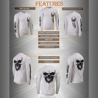 Milwaukee Leather MPMH117004 Men's 'Ghost Skull' White Long Sleeve Printed T-Shirt - 2X-Large