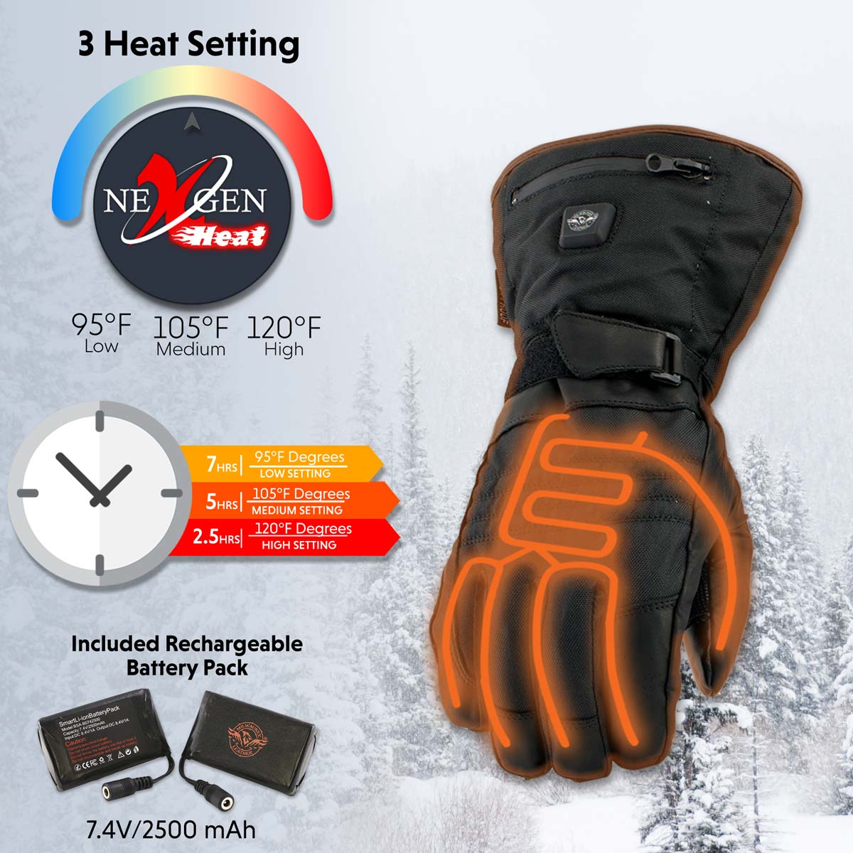 Nexgen Heat NXG17501SET Men’s Heated Gloves for Winter Black Leather and Textile Motorcycle Glove w/Battery and Harness Wire