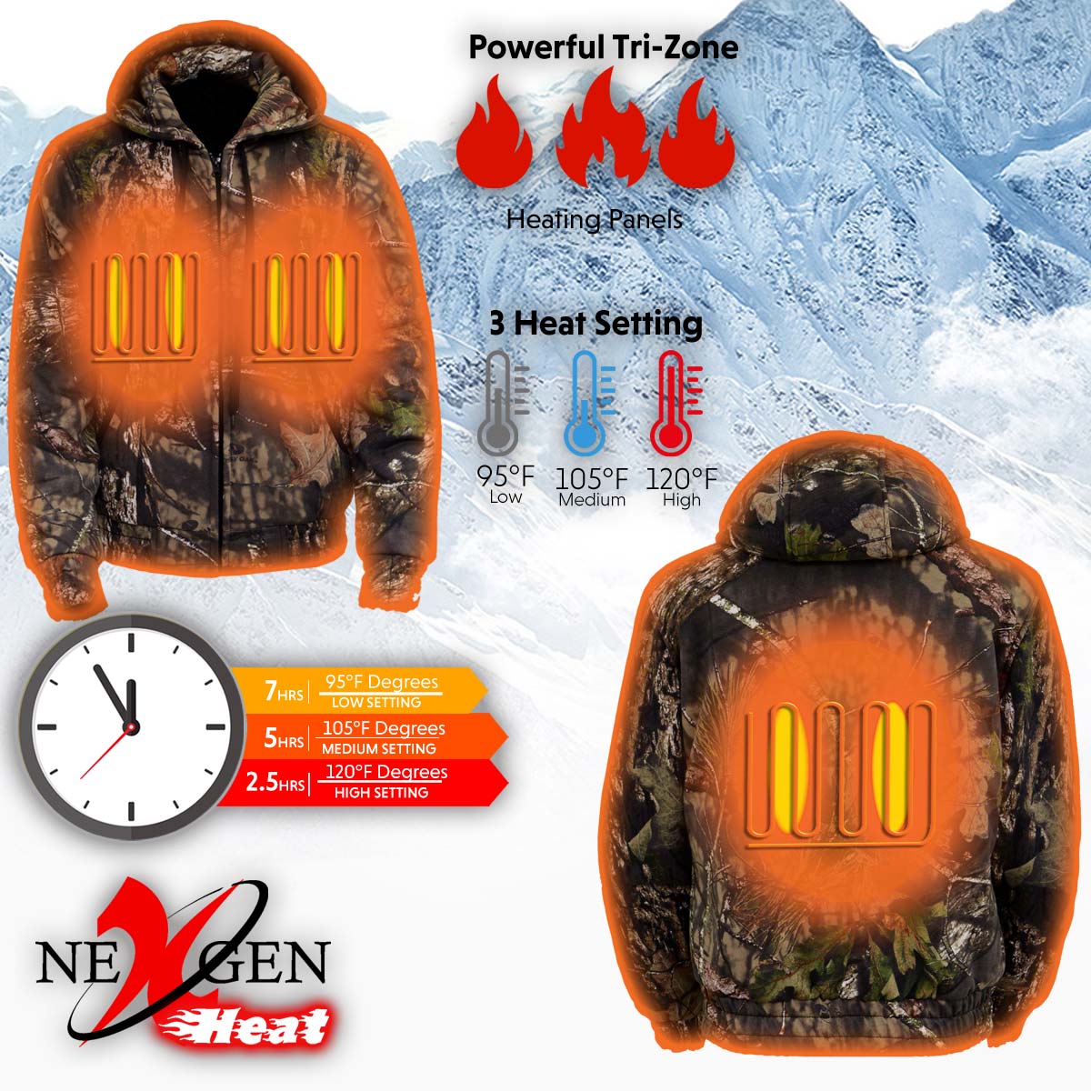 Nexgen Heat MPM1776SET Men's Camouflaged Heated Zipper Hoodies - Warming Camo Hoodie for Hunting w/ Battery