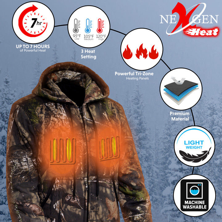 Nexgen Heat MPM1776SET Men's Camouflaged Heated Zipper Hoodies - for Winter Cold Weather Riding Outdoor Activities