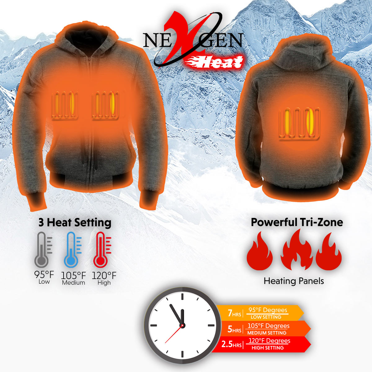 Nexgen Heat MPL2713SET Women Grey 'Heated' Front Zipper Fiery Hoodie Jacket for Outdoor Activities w/ Battery Pack