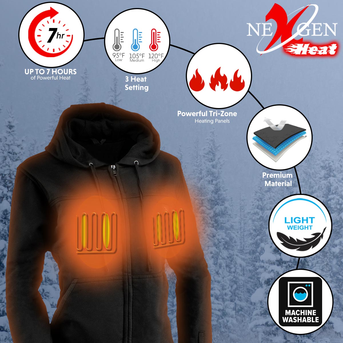 Nexgen Heat NXL2717DUAL Tech Women's Black Heated Jacket Sweatshirt Hoodie for Winter Cold Weather
