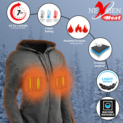 Nexgen Heat NXL2717DUAL Tech Women's Grey Heated Jacket Sweatshirt Hoodie for Winter Cold Weather w/ Battery