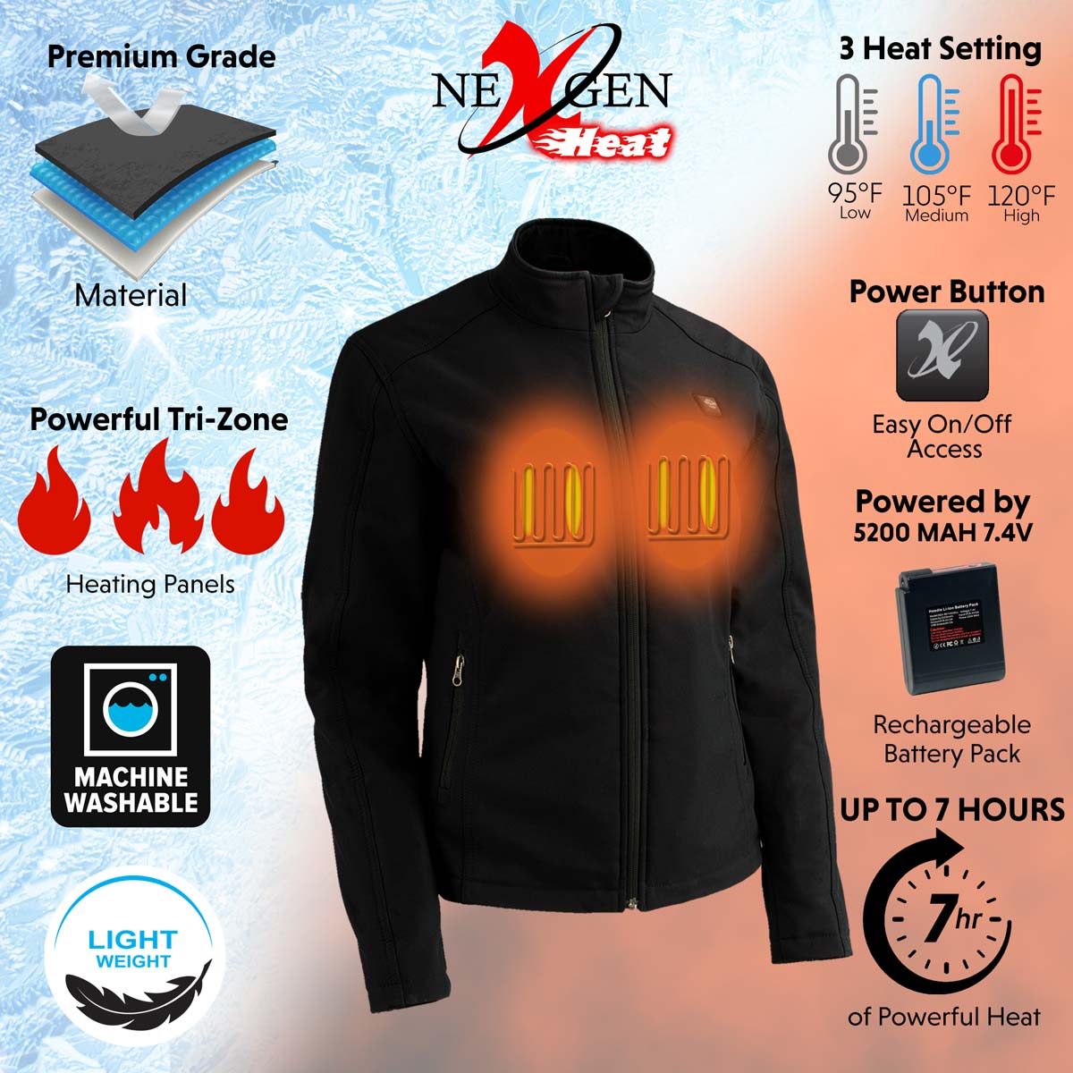 Nexgen Heat MPL2760SET Women's Black 'Heated' Soft Shell Zipper Front Heated Jacket for Riding Hunting w/ Battery