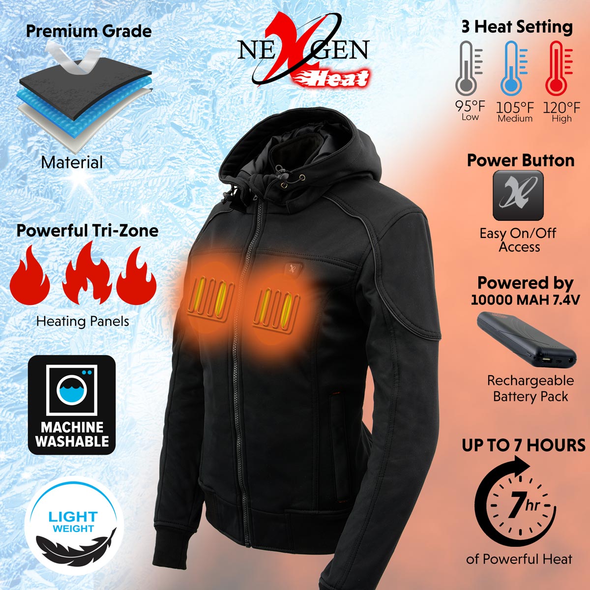 Nexgen Heat NXL2761SET Women’s Black 'Igniter' Heated Soft Shell Hooded Jacket (Rechargeable 10000mAh Battery Pack Included)