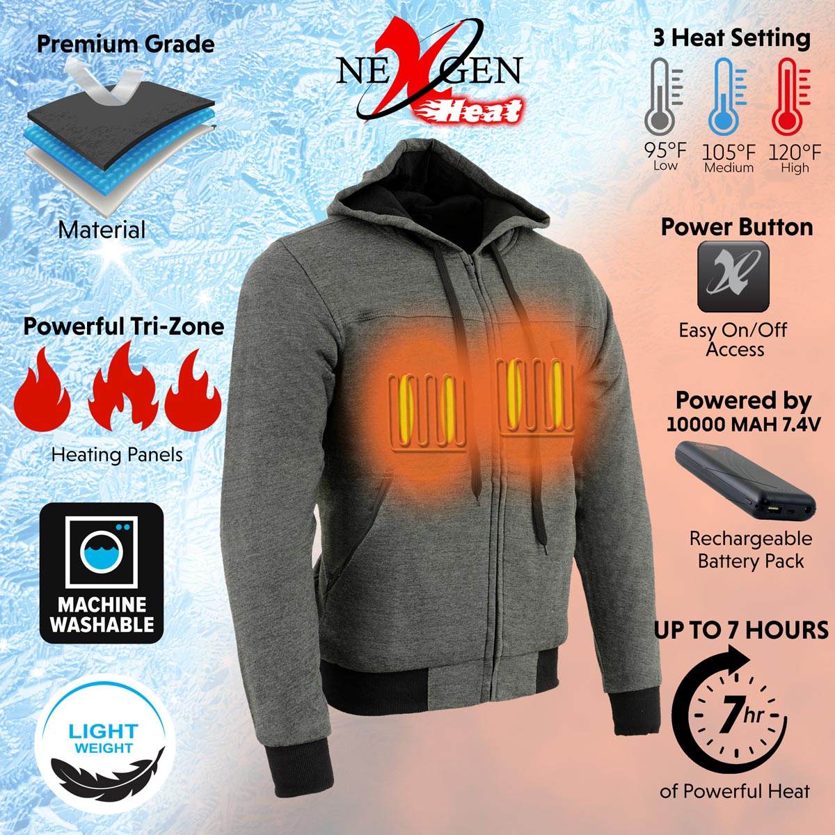 Nexgen Heat Men’s Grey Heated Hoodie Jacket – Winter Motorcycle Riding Gear for Cold Outdoors MPM1713SET