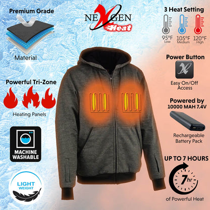 Nexgen Heat MPM1717DUAL Technology Men's “Fiery’’ Heated Hoodie - Grey Sweatshirt Jacket for Winter w/ Battery Pack