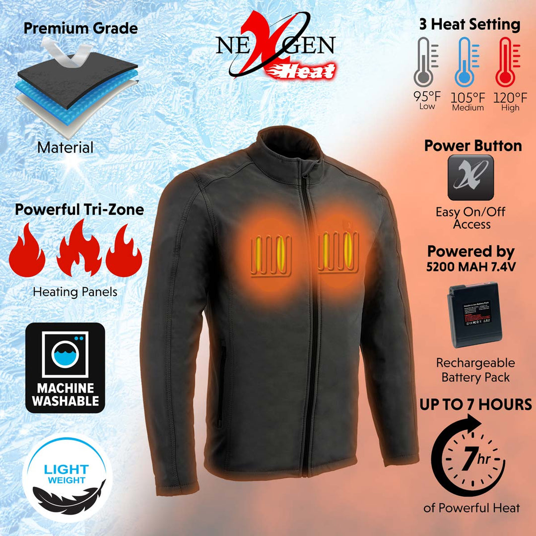 Nexgen Heat NXM1762SET Men’s Grey Soft Shell Heated Jacket w/ Standup Collar - for Outdoor Winter Cold Weather Activities