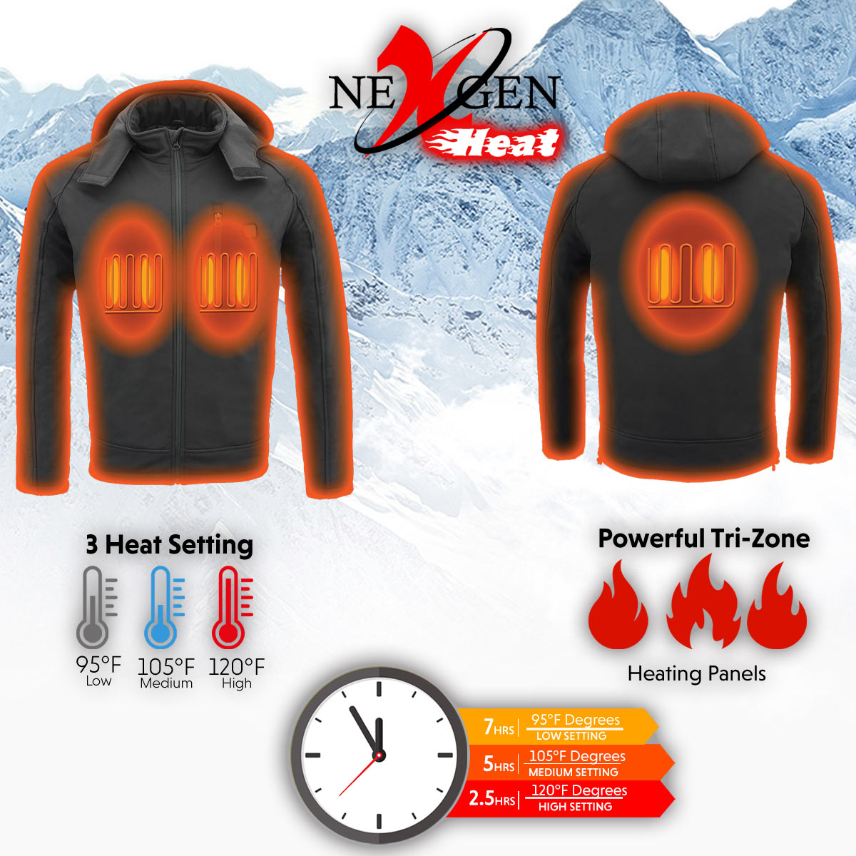 Nexgen Heat NXM1767SET Men's 'Ruffled' Black Soft Shell Heated Hooded Jacket- for Outdoor Winter Cold Weather Activities