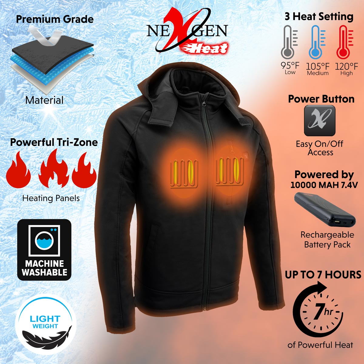Nexgen Heat MPM1767SET Men's Black 'Heated' Soft Shell Hooded Zipper Front Jacket with Detachable Hood w/ Battery