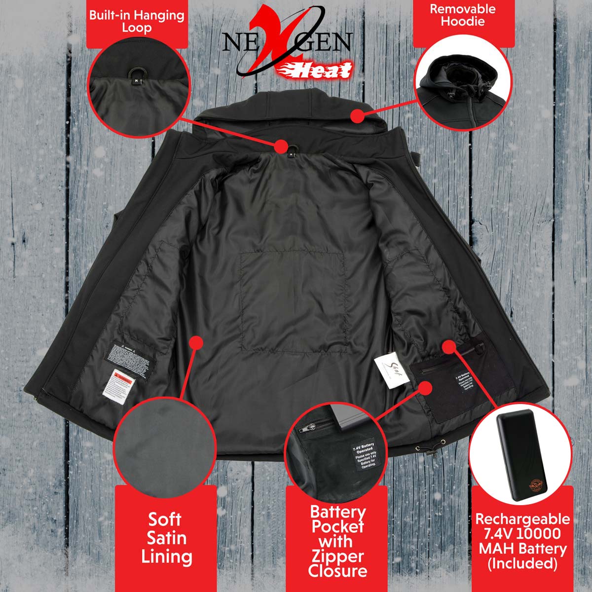 Nexgen Heat NXL2767SET Women's Black Ruffled Heated Soft Shell Jacket with Detachable - for Winter Cold Weather Riding Outdoors