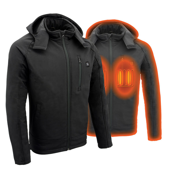 Nexgen Heat MPM1767SET Men's Black 'Heated' Soft Shell Hooded Zipper Front Jacket (Rechargeable Battery Pack Included)