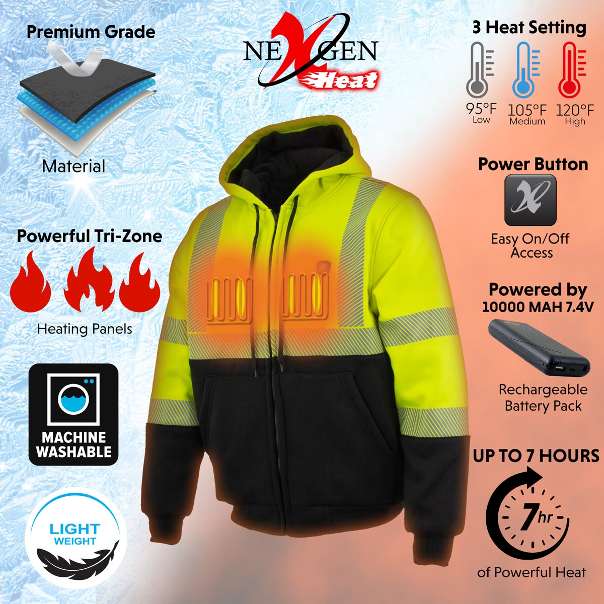 Nexgen Heat MPM1773SET Men's Heated High Visibility Work Hoodie, Neon Green Hi Vis Reflective Hoodie w/ Battery