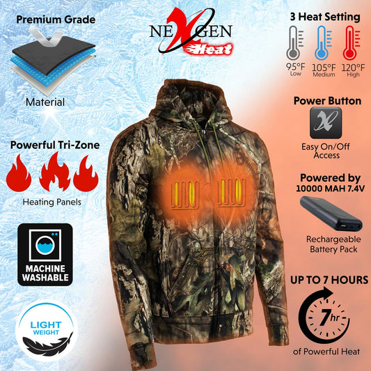 Nexgen Heat NXM1776SET Men's Camouflaged Heated Zipper Hoodies - for Outdoor Winter Cold Weather Activities