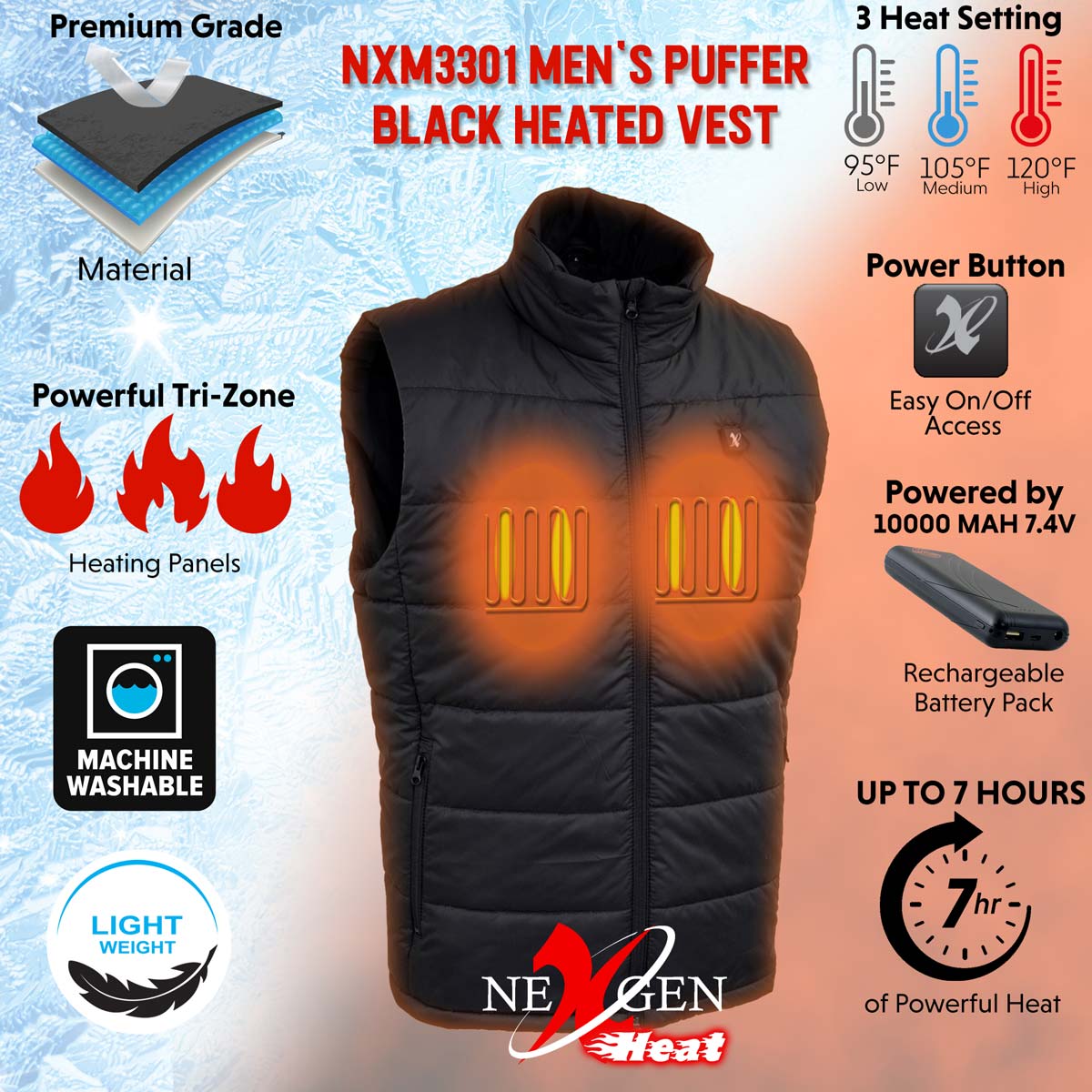 Nexgen Heat Men's NXM3301SET Puffer Black Heated Winter Vest - for Outdoor Cold Weather Activities