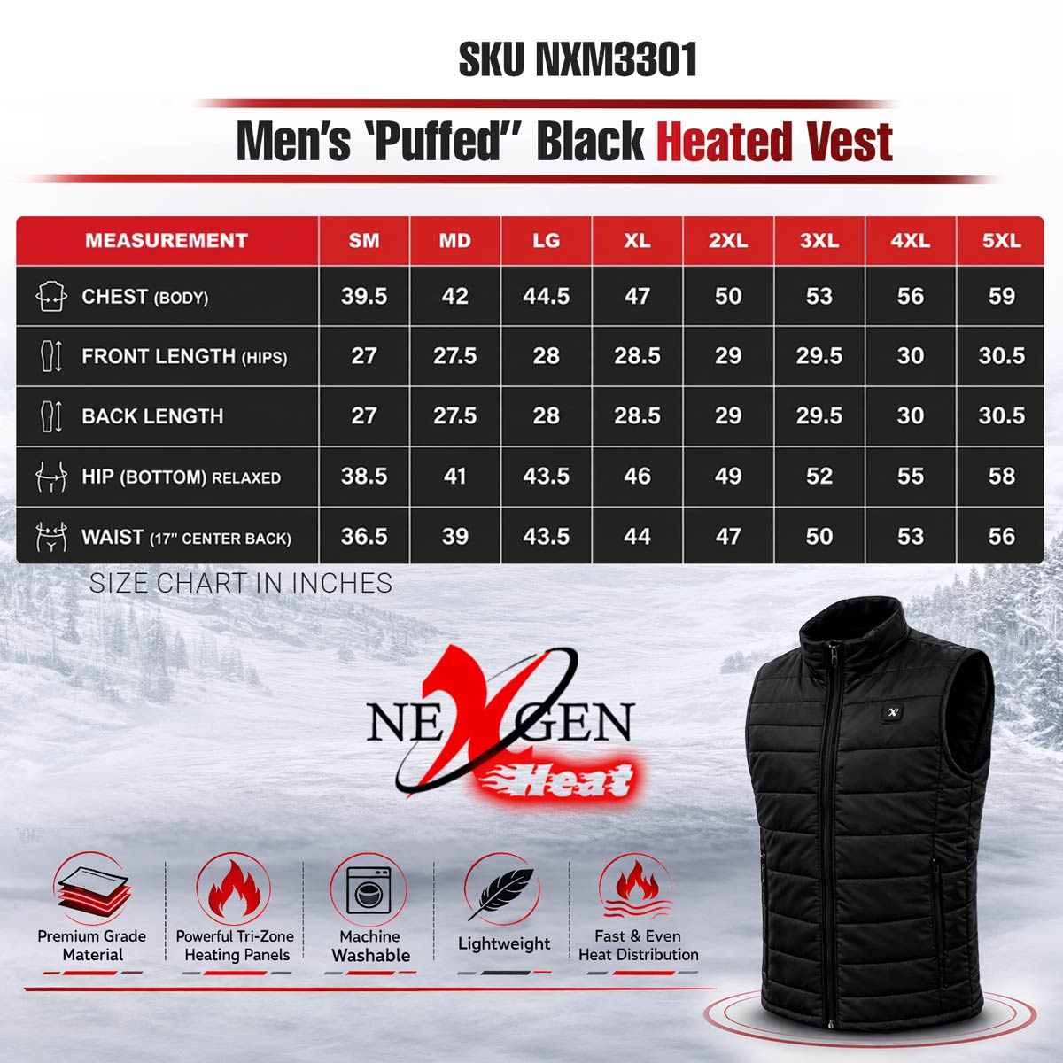 Nexgen Heat Men's NXM3301SET Puffer Black Heated Winter Vest - for Outdoor Cold Weather Activities