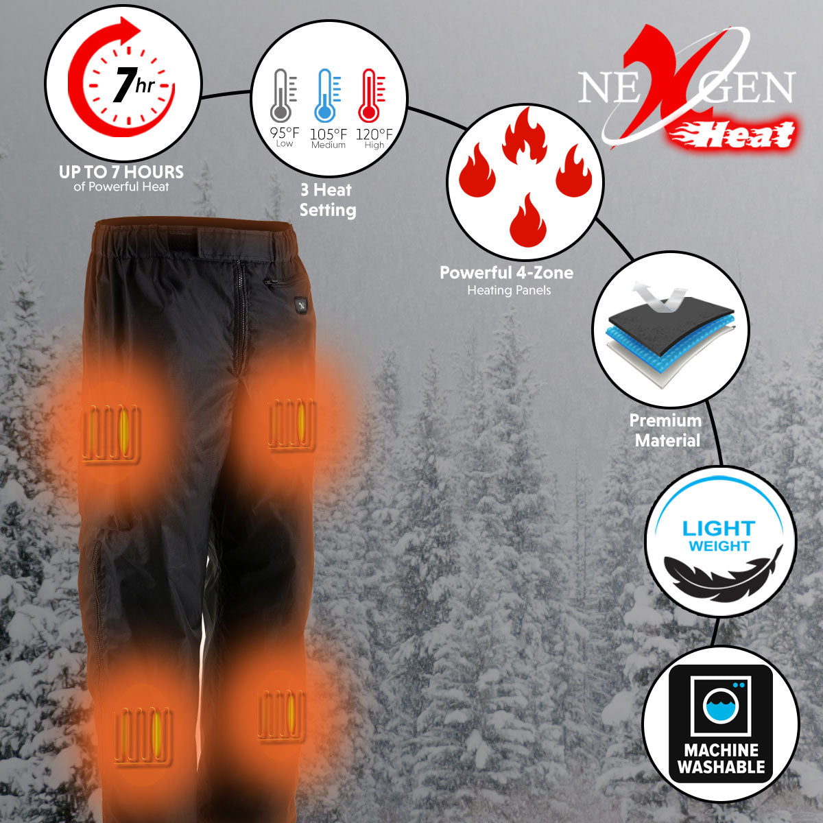 NexGen Heat MPM5715SET Men Black Winter Thermal Heated Pants for Ski and Riding w/ Rechargable Battery Pack