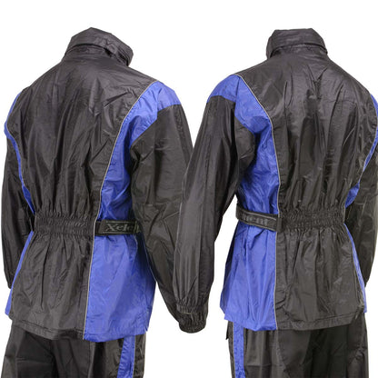 Xelement RN4768 Men's Black and Blue 2-Piece Motorcycle Rain Suit with Boot Strap