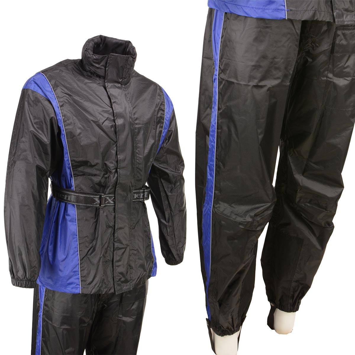 Xelement RN4768 Men's Black and Blue 2-Piece Motorcycle Rain Suit with Boot Strap