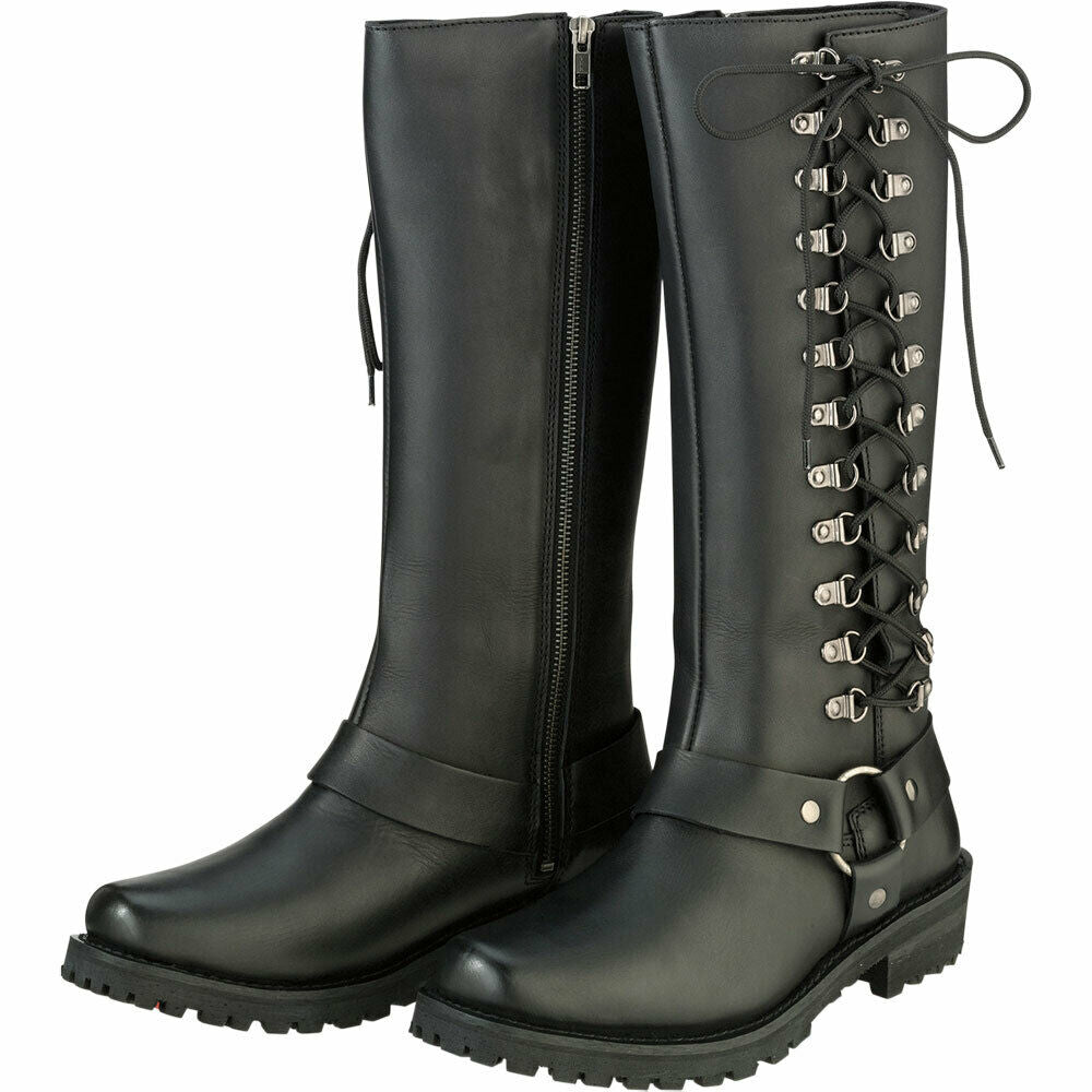 ZR1 ‘Savage' Ladies Black Lace-Up Harness Tall Zipper Motorcycle Boots
